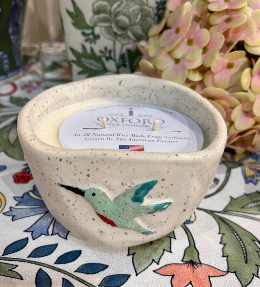 Large Hummingbird Handmade Pottery Candle- White