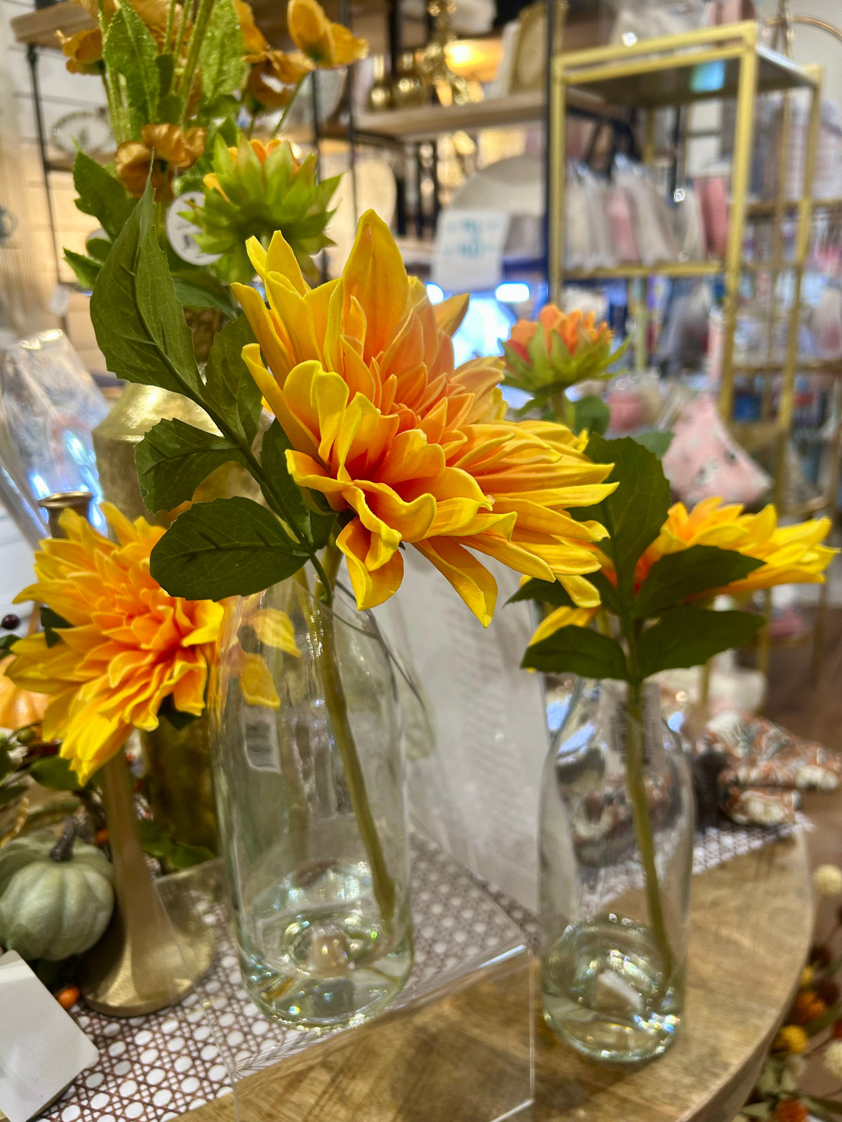 Clear Vase with Dahlia Stems