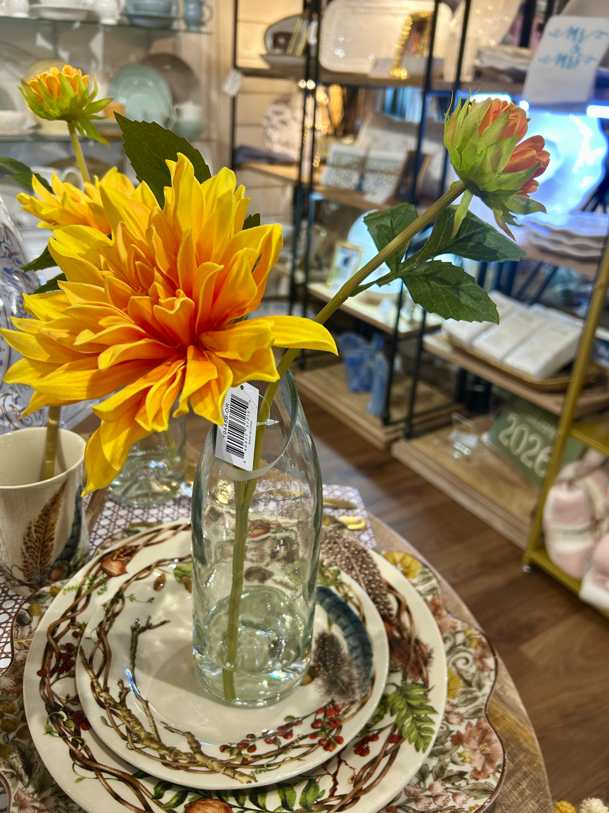 Clear Vase with Dahlia Stems
