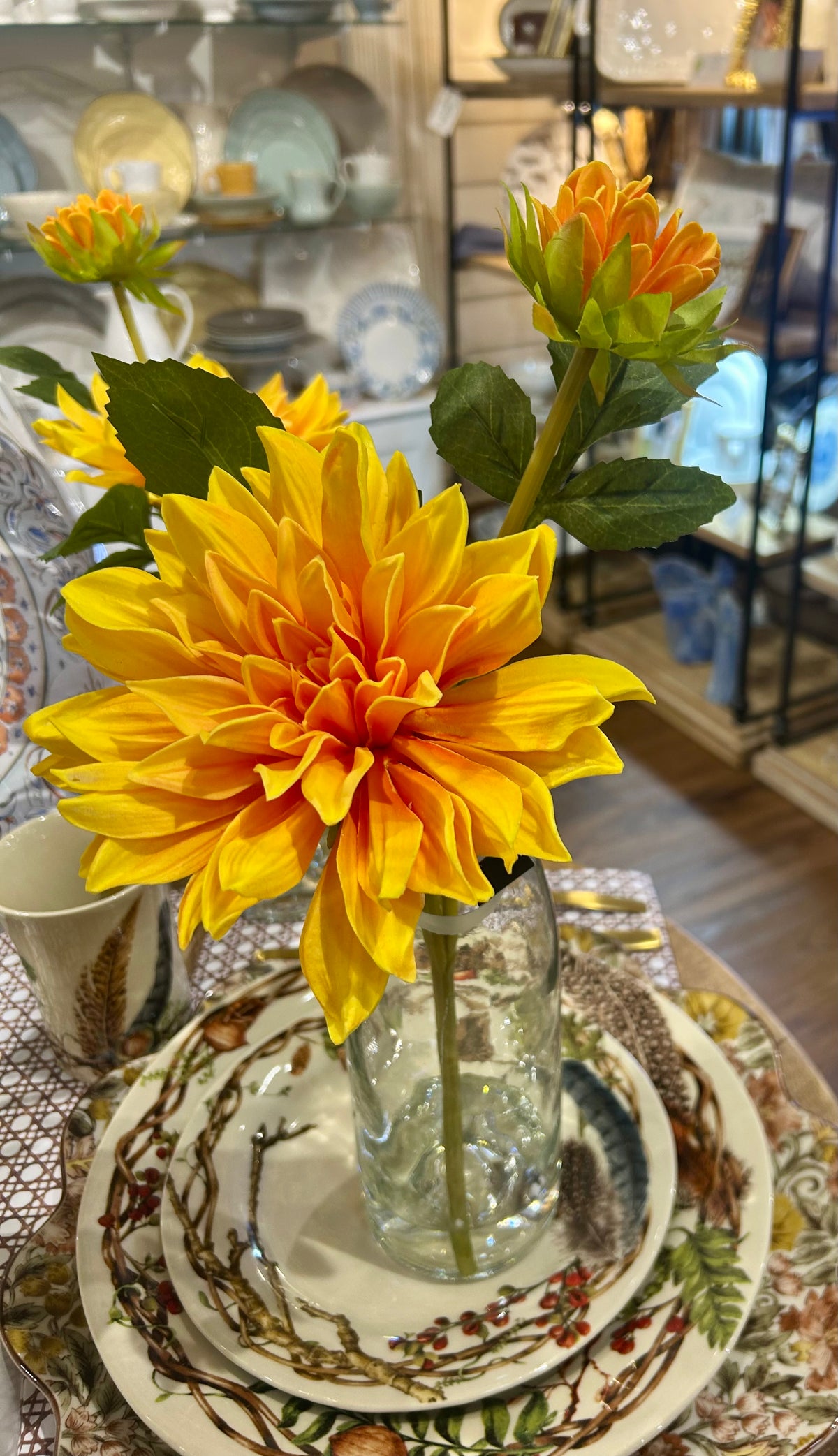 Clear Vase with Dahlia Stems