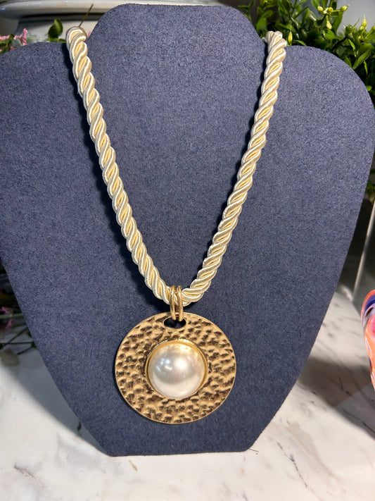 Ivory Cord Necklace with Gold and Pearl Pendant