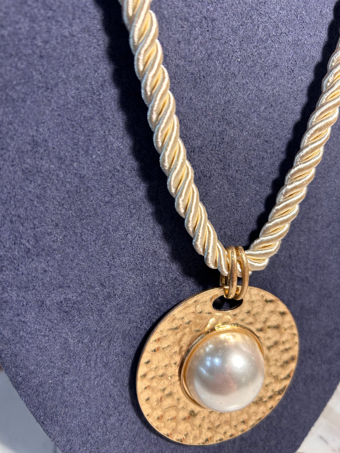 Ivory Cord Necklace with Gold and Pearl Pendant