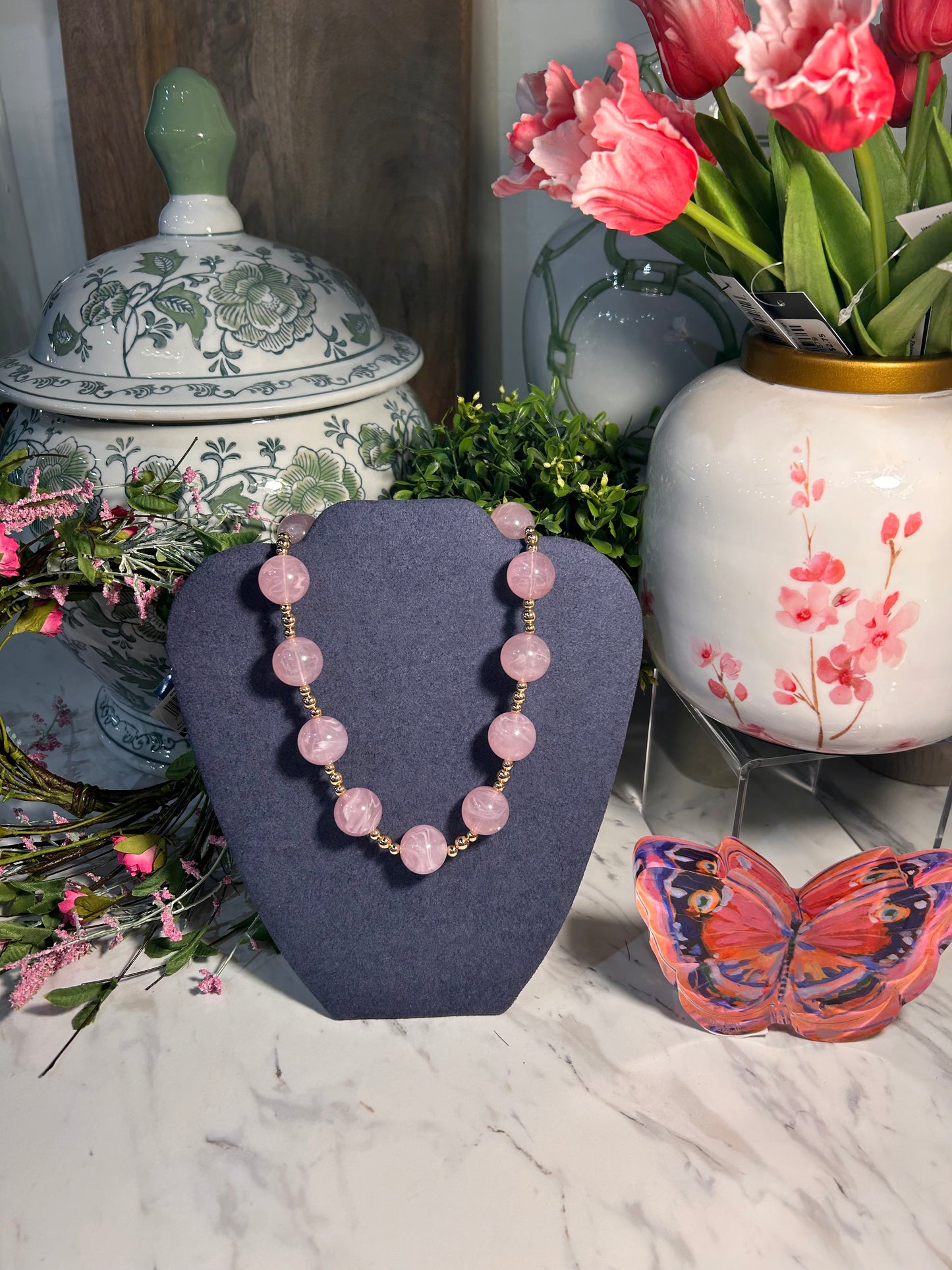 Light Pink & Gold Beaded Magnetic Necklace
