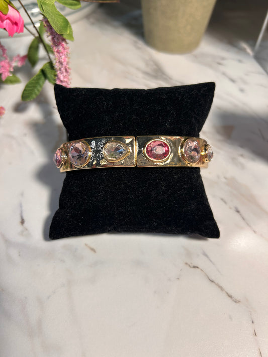 Gold & Pink Crystal Stretch Bangle Bracelet