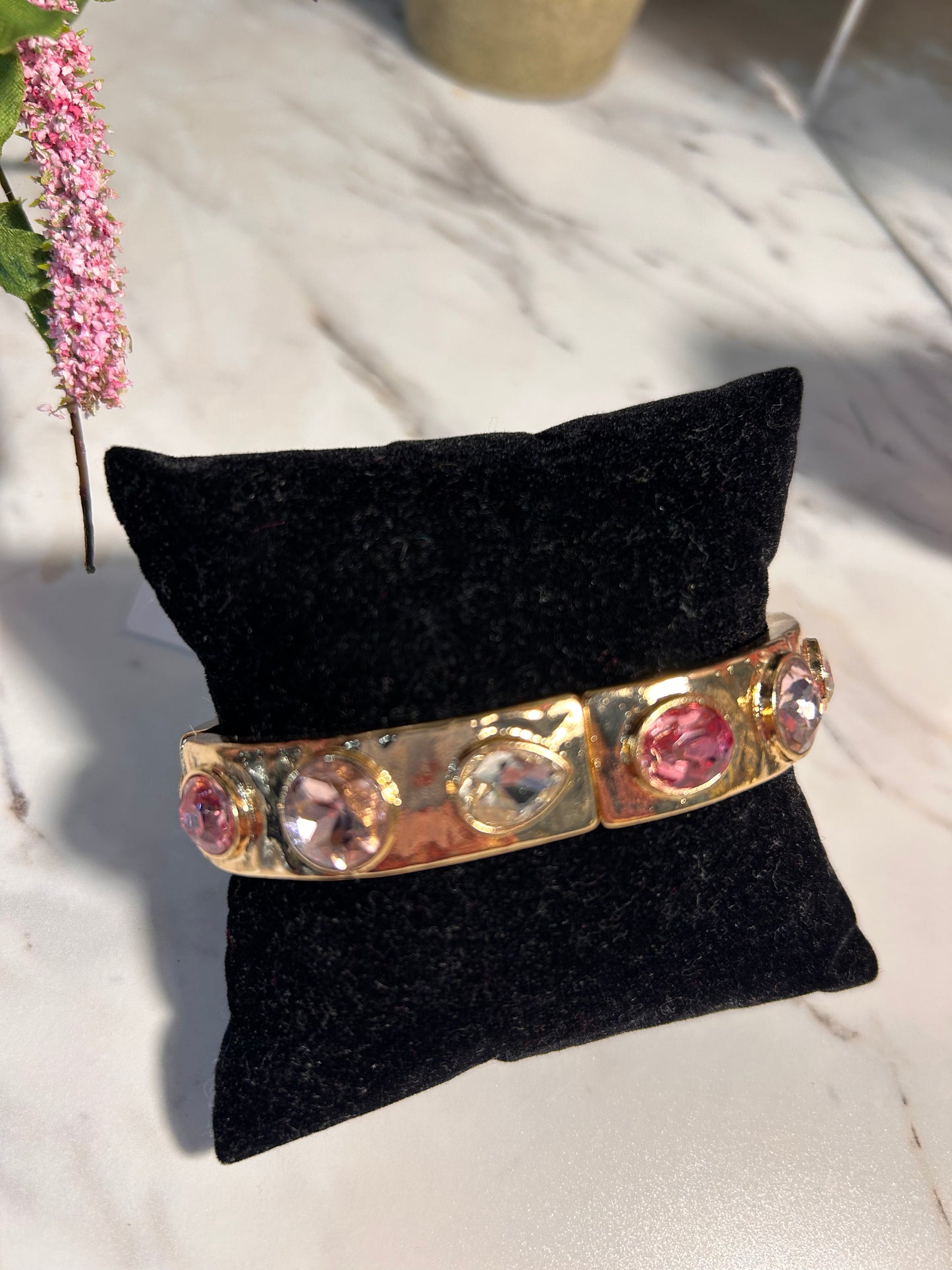 Gold & Pink Crystal Stretch Bangle Bracelet