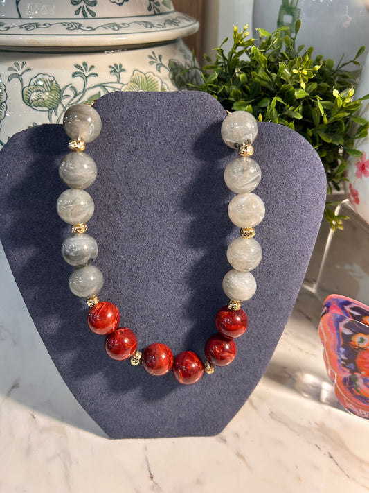Gray and Burgundy Beaded Necklace
