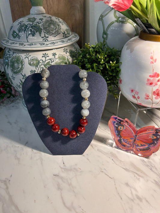 Gray and Burgundy Beaded Necklace