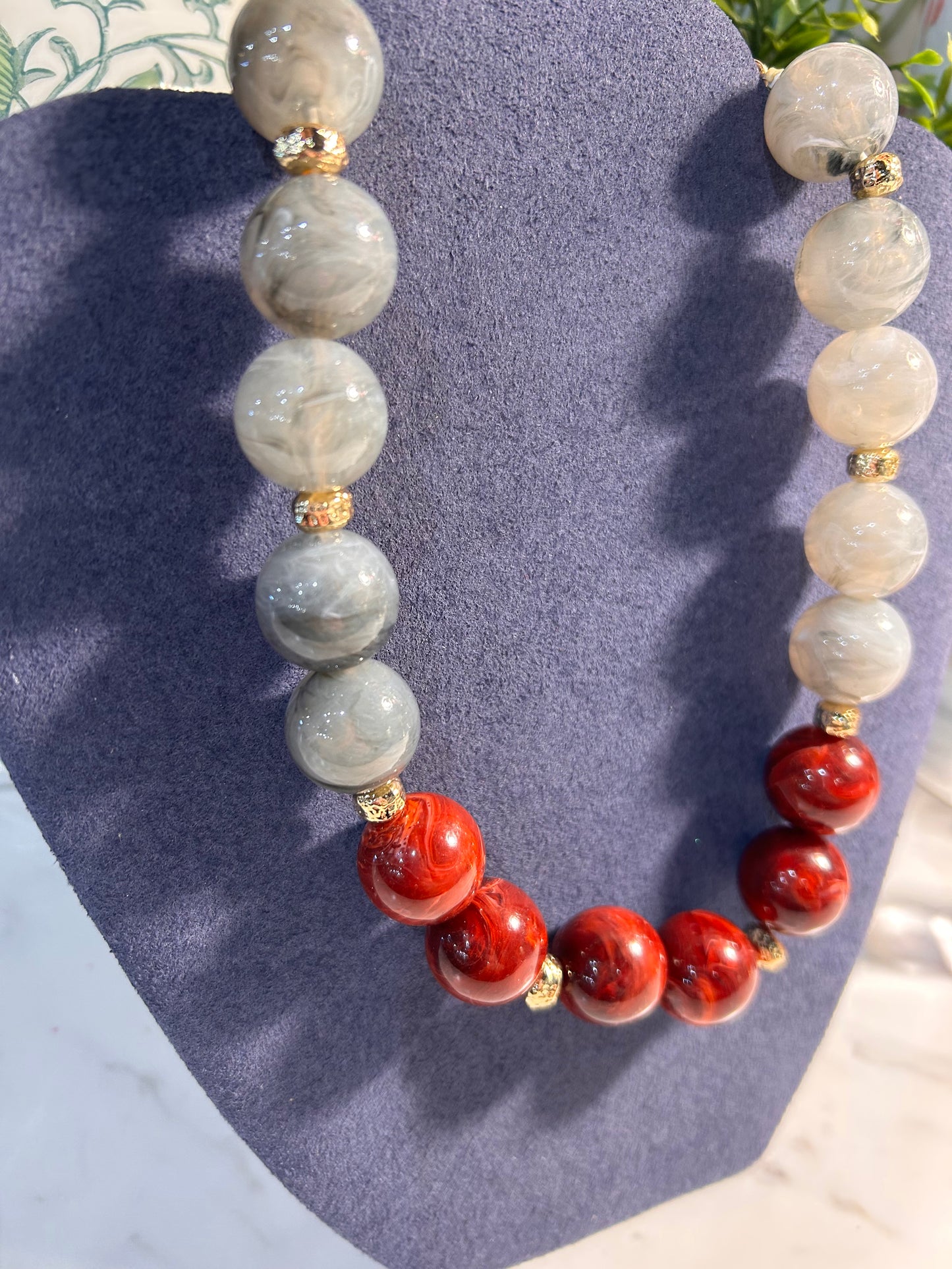 Gray and Burgundy Beaded Necklace