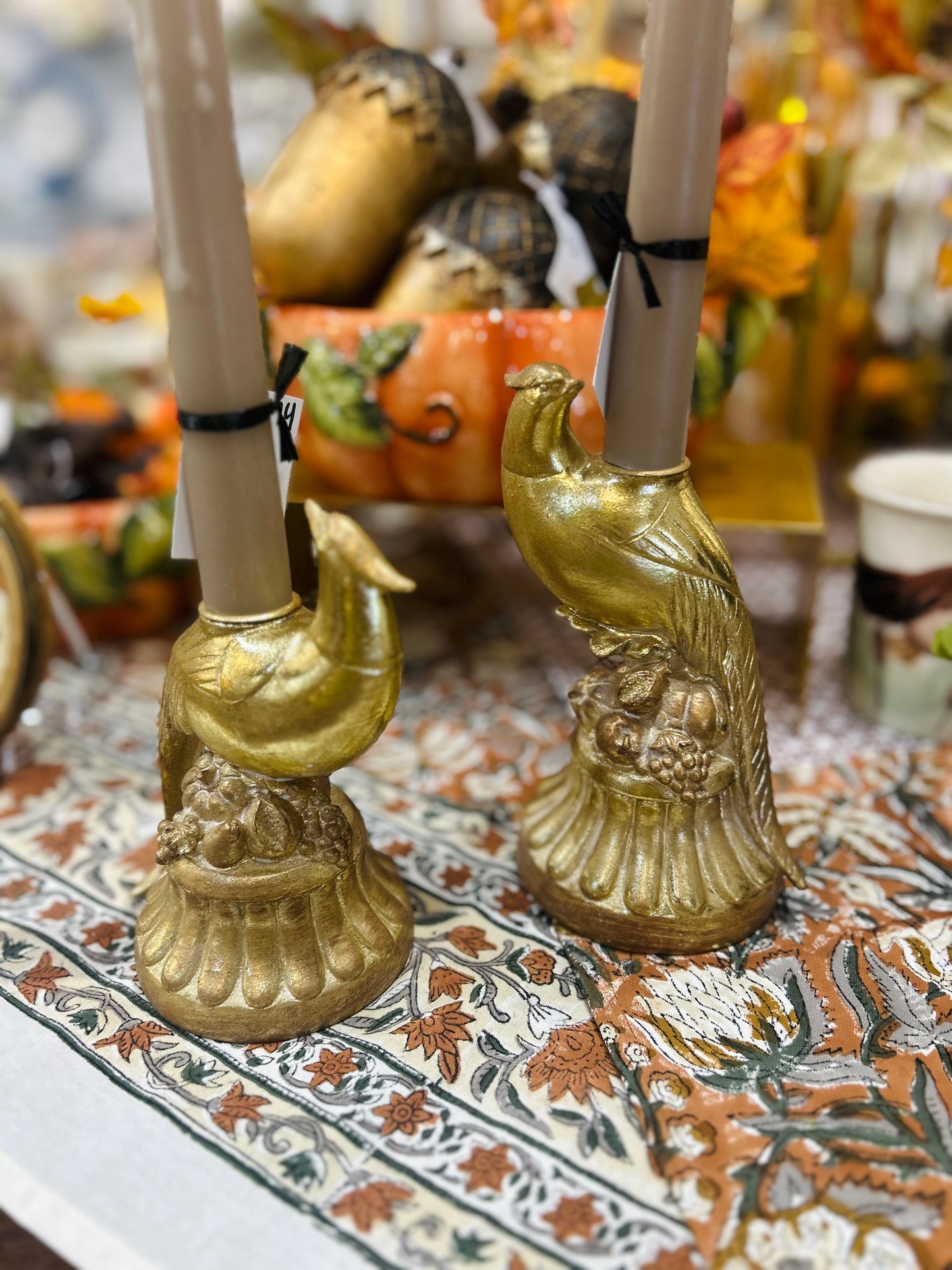 Set of 2 Gold Pheasant Taper Candleholders