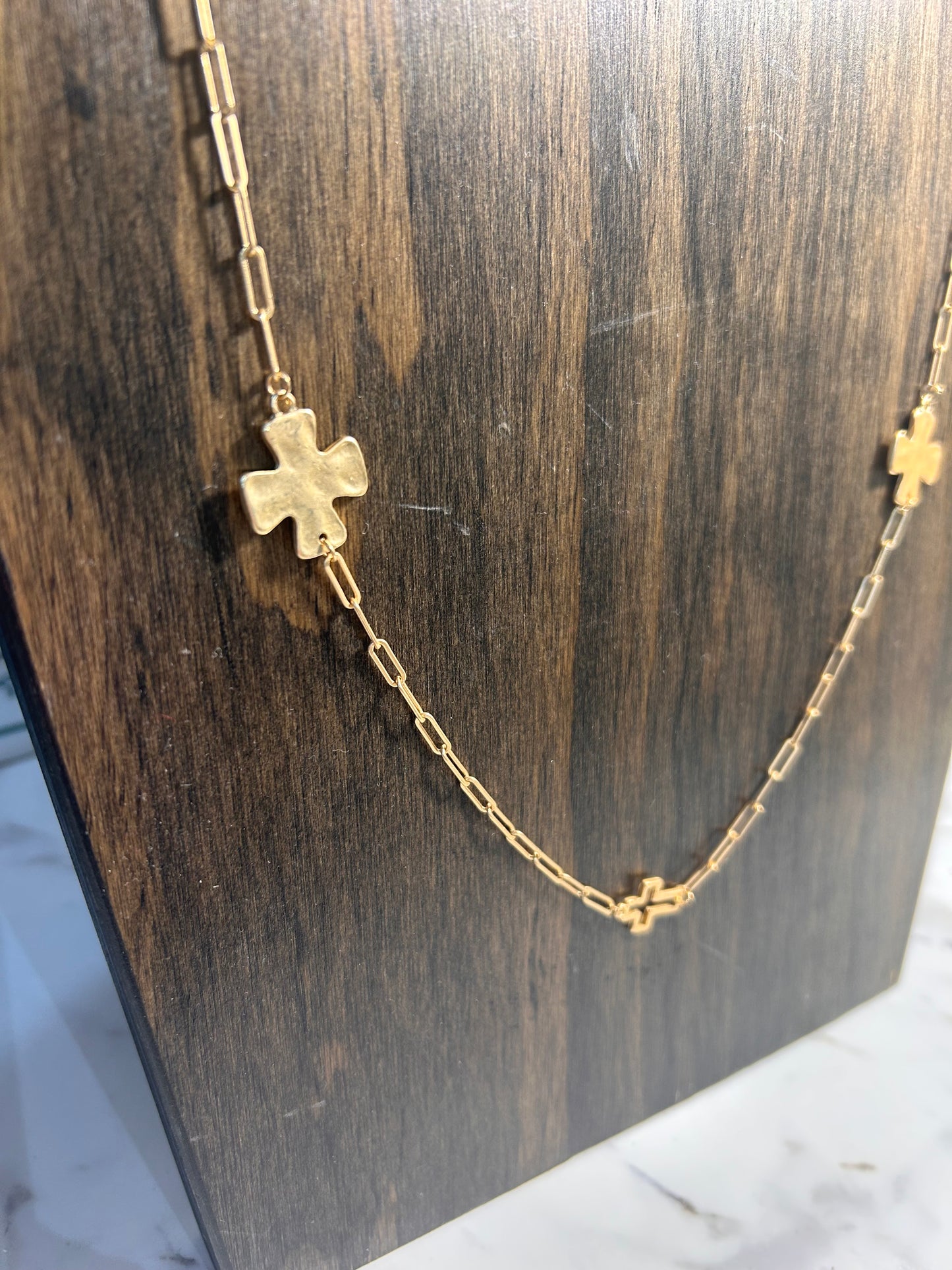 Gold Chain with Hammered Cross Necklace