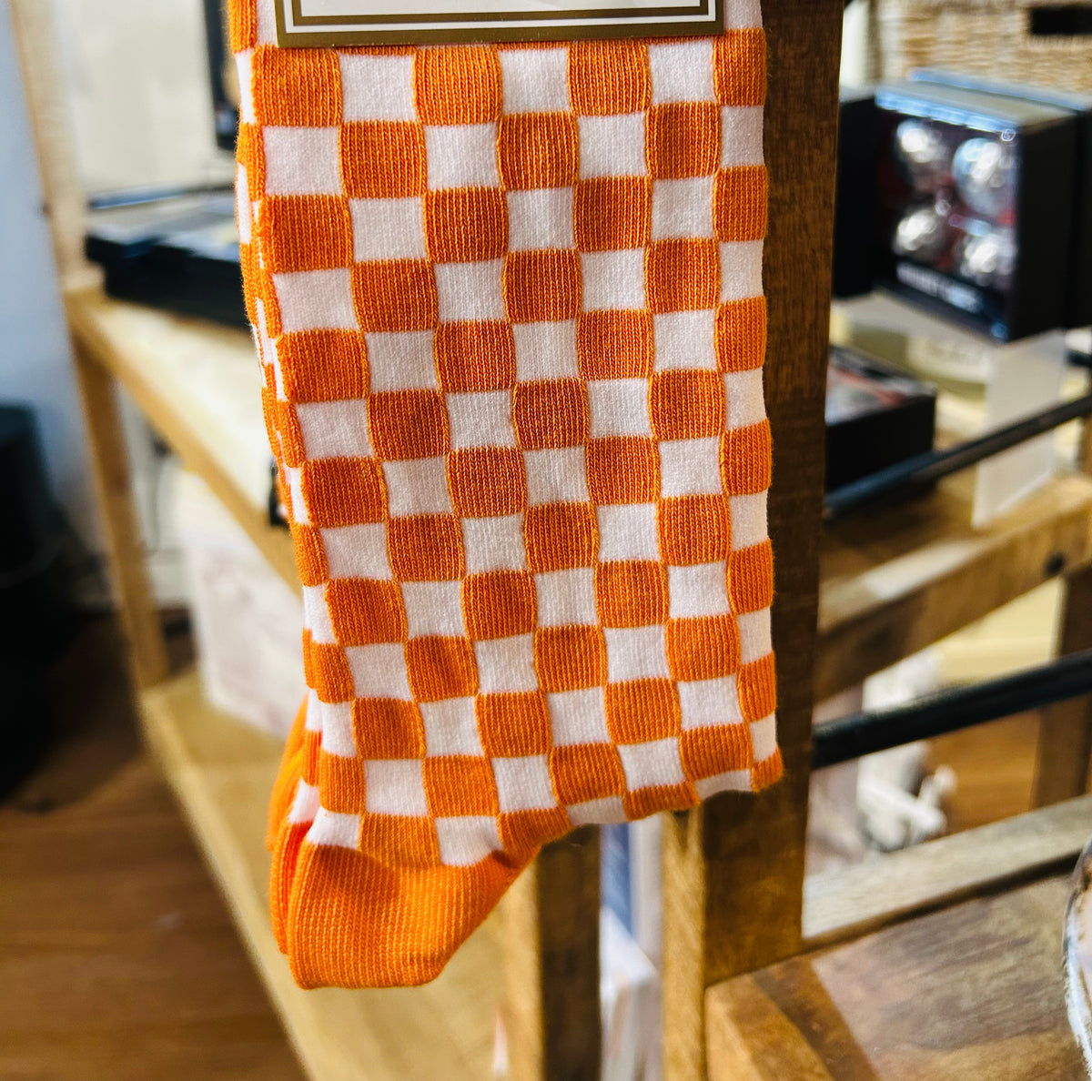 Orange and White Small Checkerboard Crew Socks