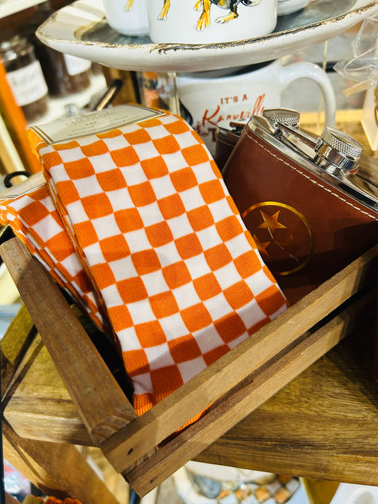 Orange and White Small Checkerboard Crew Socks