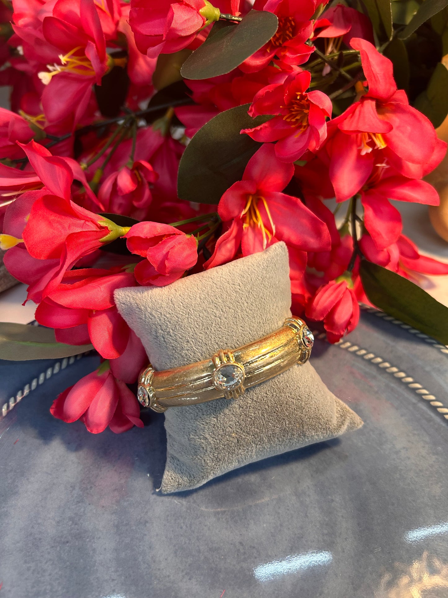 Elegant Gold Hammered Bangle with Crystal Accents