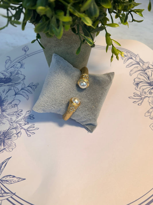 Hammered Matte Gold Cuff Bracelet with Pearl Accent