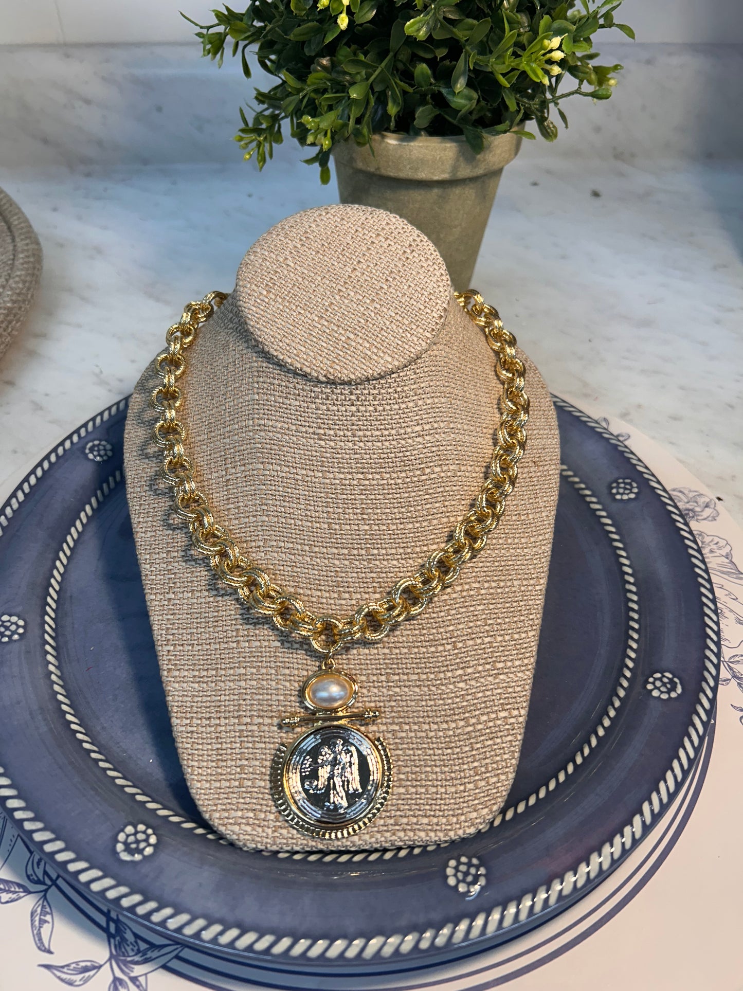 Gold Chain with Silver Coin and Pearl Accents