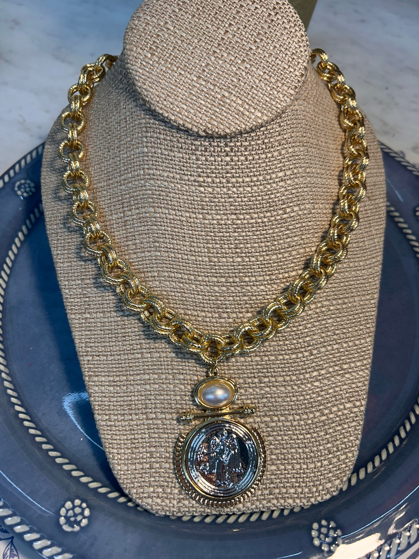 Gold Chain with Silver Coin and Pearl Accents