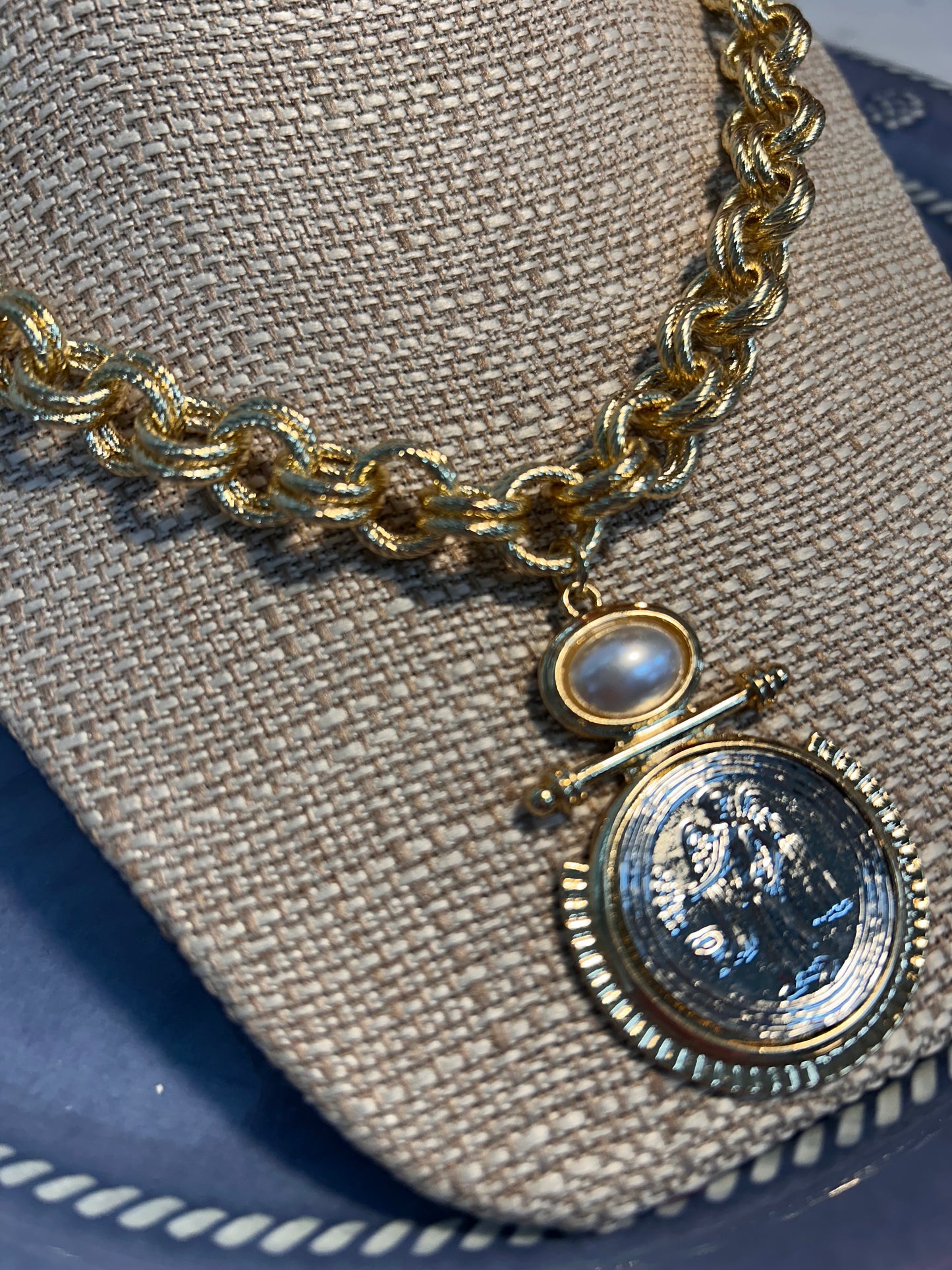 Gold Chain with Silver Coin and Pearl Accents