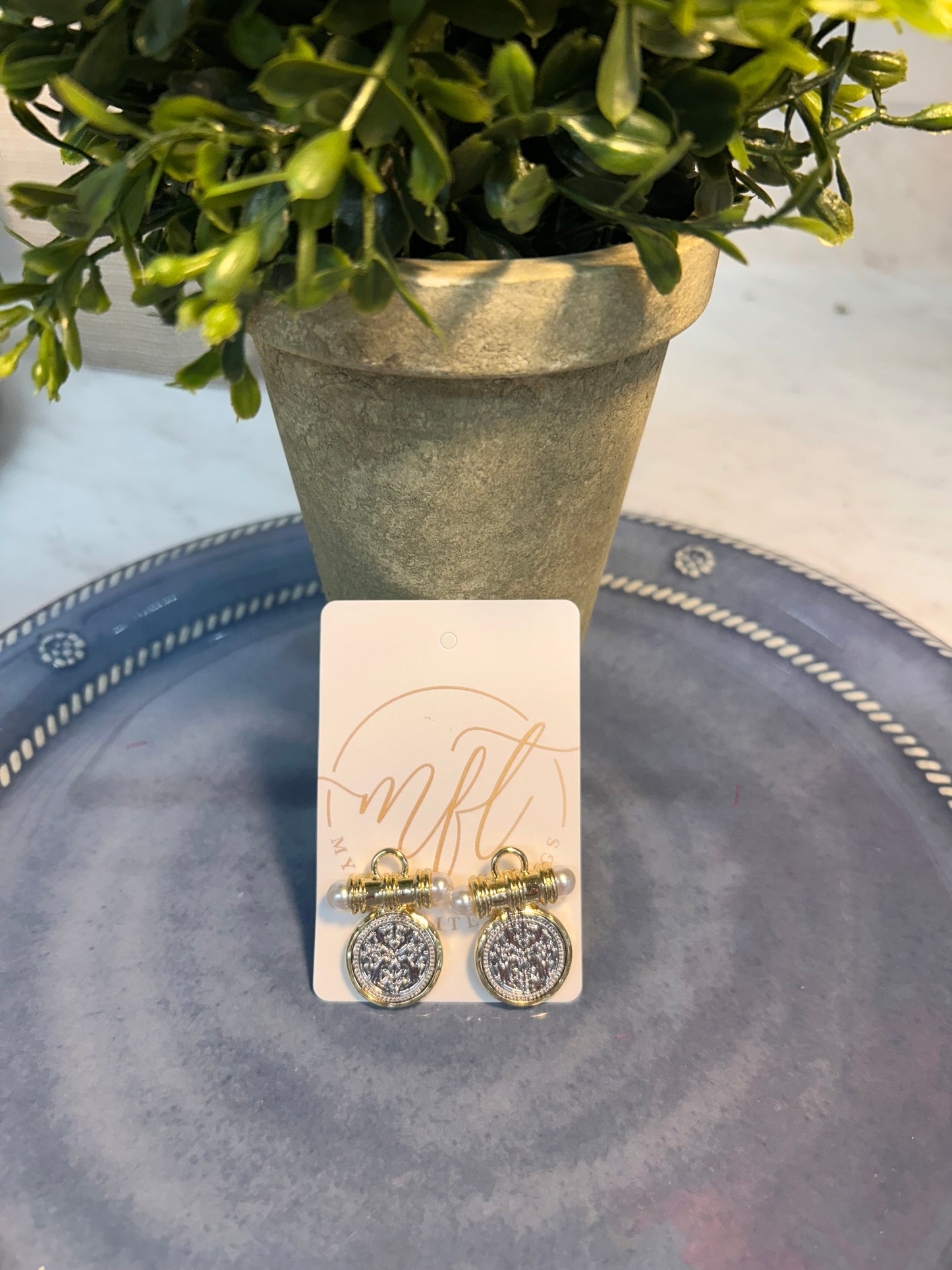 Silver Coin Stud Earring with Gold & Pearl Accents