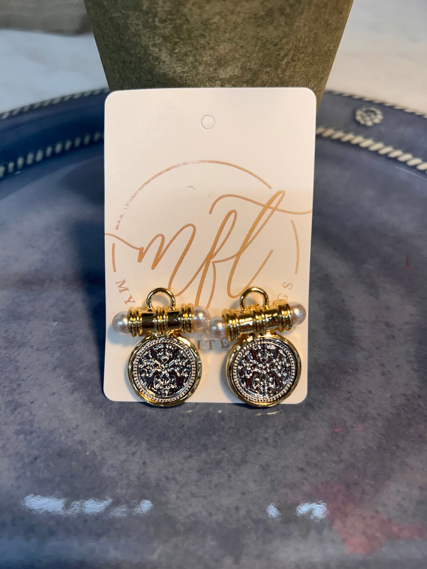 Silver Coin Stud Earring with Gold & Pearl Accents