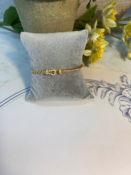 14K Gold Plated Rope Bangle with Rhinestone Hook Clasp