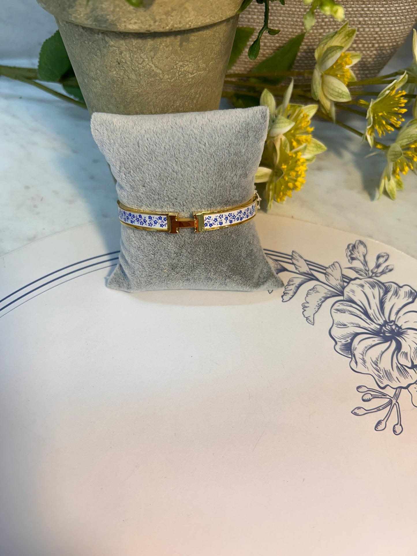 14K Gold Plated Blue Floral and Gold Bangle Bracelet