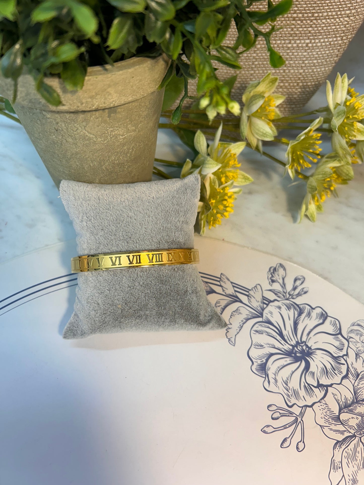 14K Gold Plated Roman Numeral Wide Bangle Bracelet