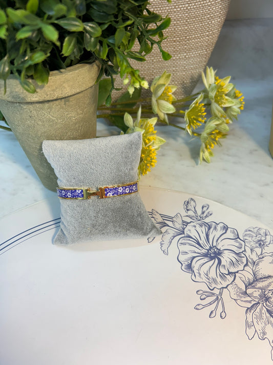 14K Gold Plated Blue & White Floral Bangle Bracelet
