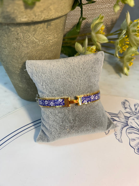 14K Gold Plated Blue & White Floral Bangle Bracelet