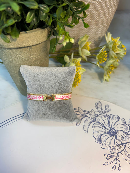14K Gold Plated Pink Floral Bangle Bracelet