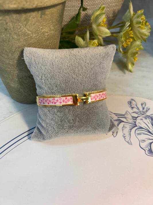 14K Gold Plated Pink Floral Bangle Bracelet