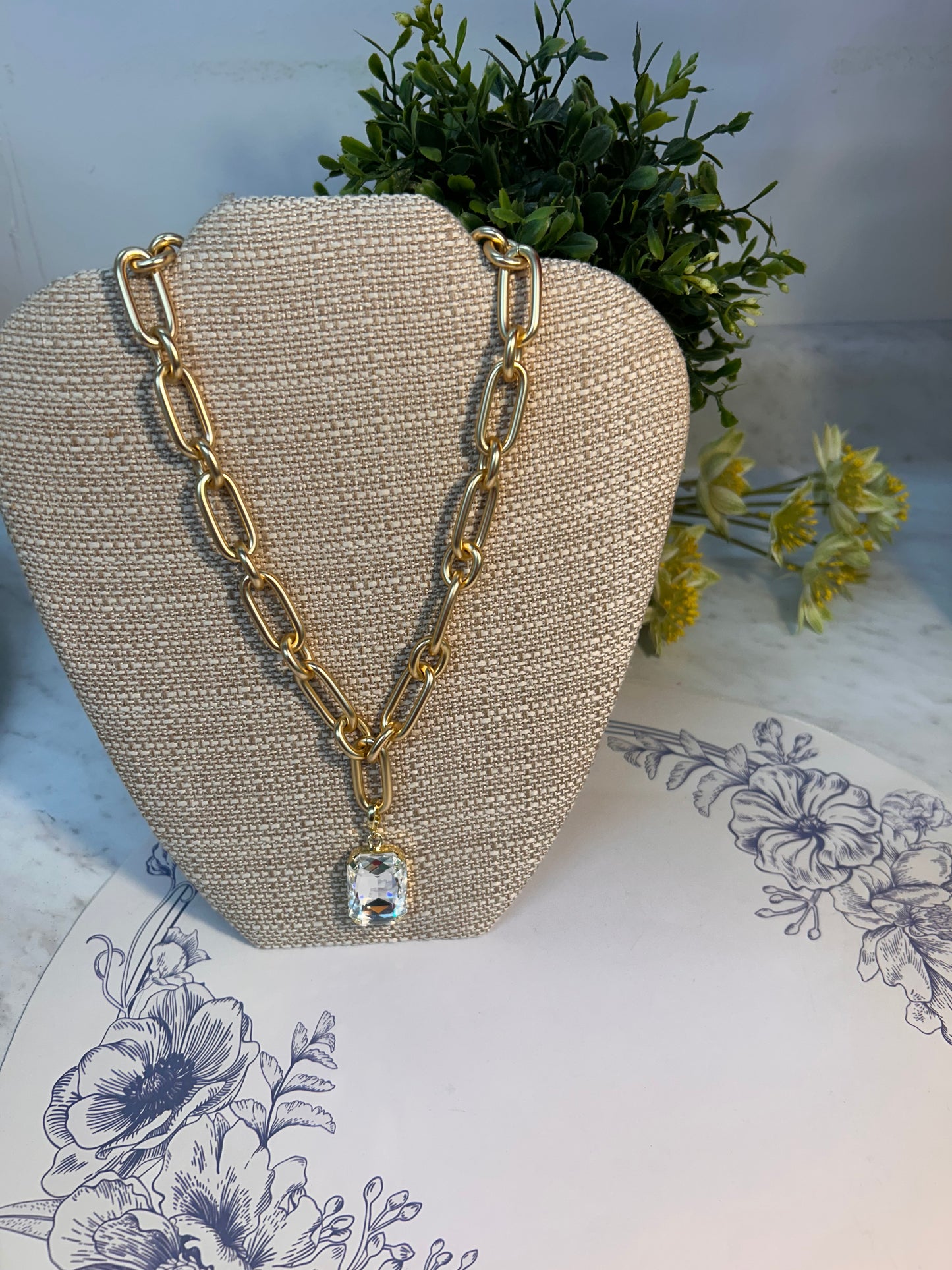 Matte Gold Necklace with Clear Crystal Pendant