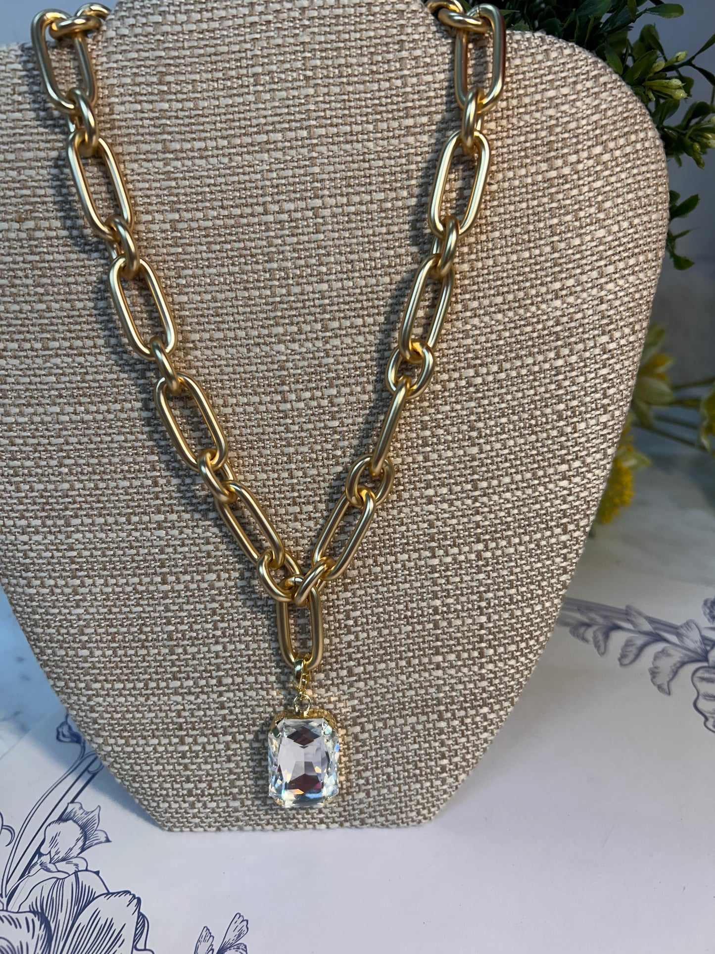 Matte Gold Necklace with Clear Crystal Pendant