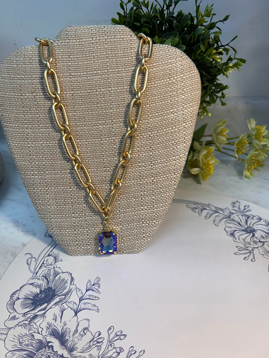 Matte Gold Necklace with Iridescent Crystal Pendant