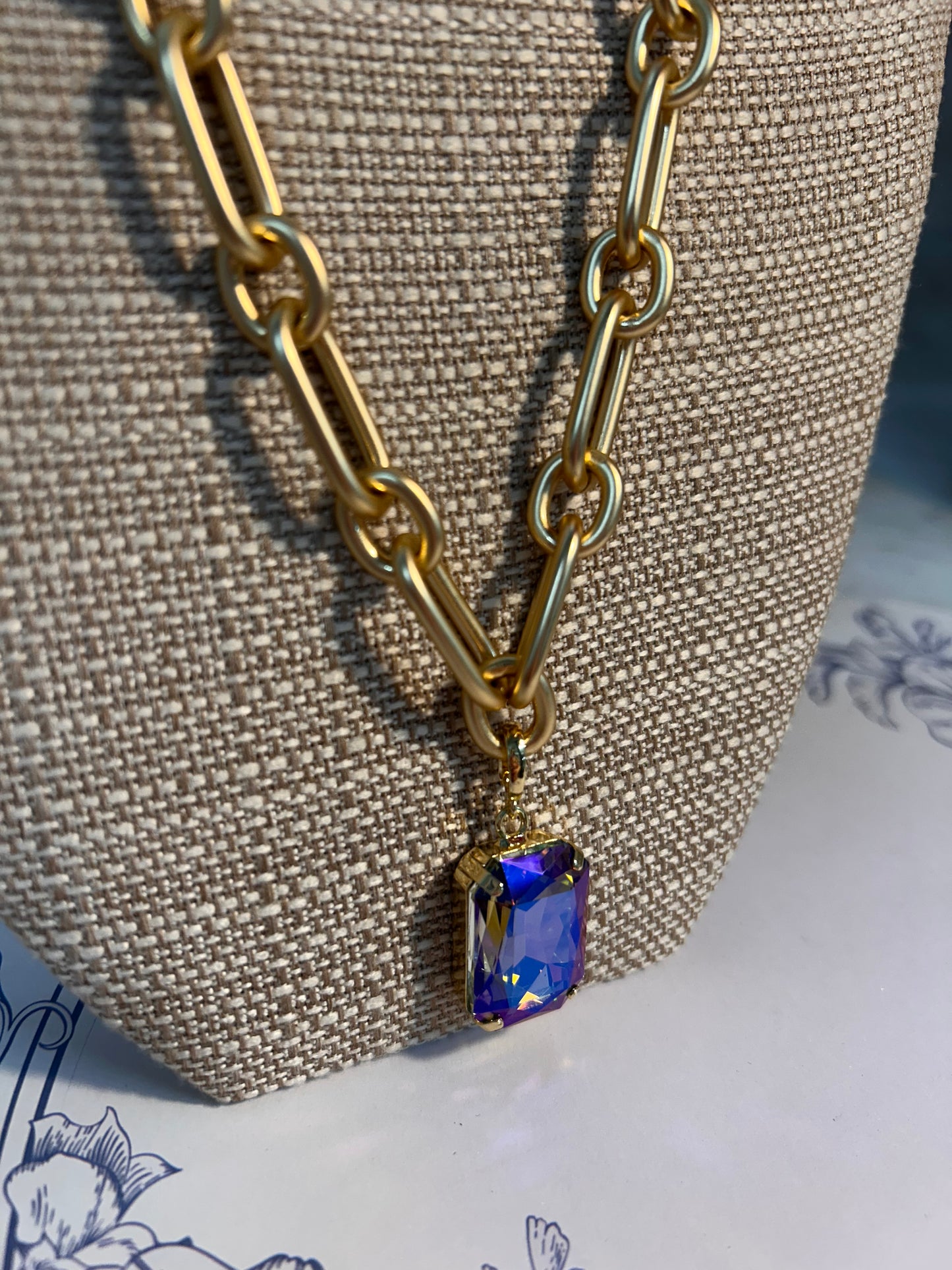 Matte Gold Necklace with Iridescent Crystal Pendant