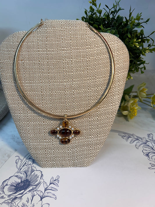 Gold Choker Necklace with Tortoise & Pearl Pendant