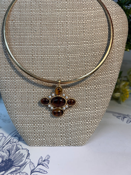 Gold Choker Necklace with Tortoise & Pearl Pendant