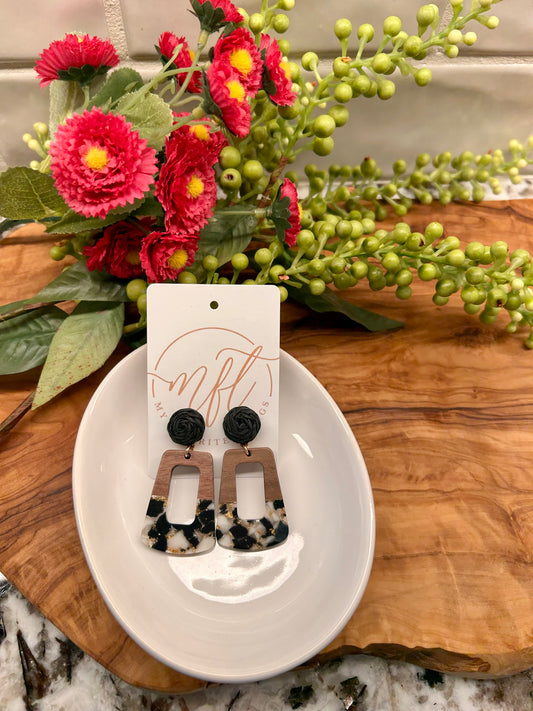 Wood & Black Marbled Design Dangle Earrings