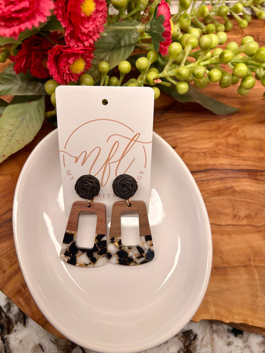 Wood & Black Marbled Design Dangle Earrings