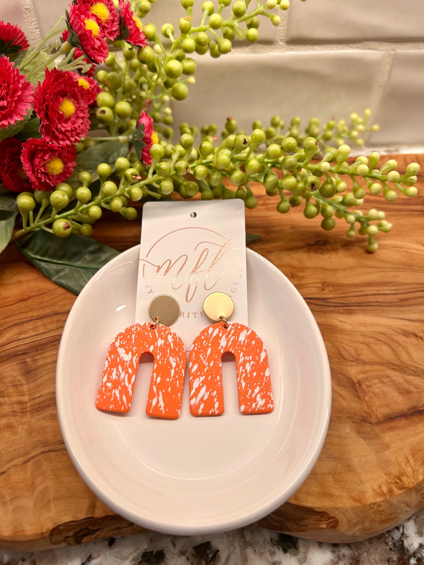 Orange & White Arch Shaped Drop Earrings