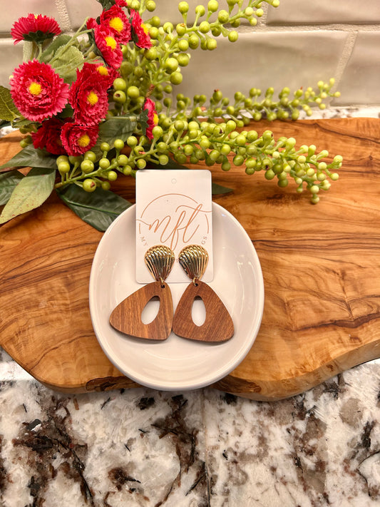 Gold Shell & Wood Dangle Earrings