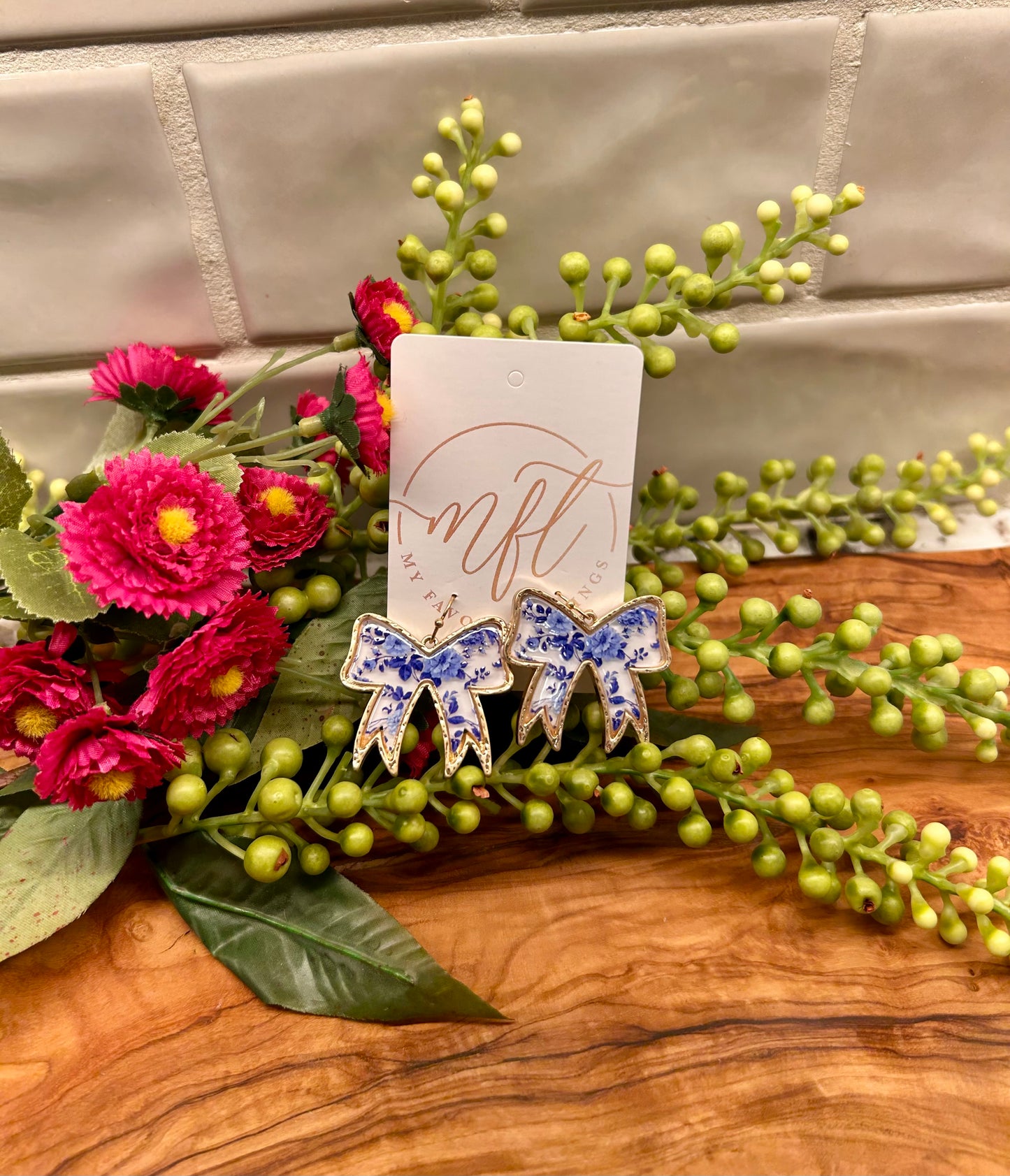 Blue & White Bow Dangle Earrings