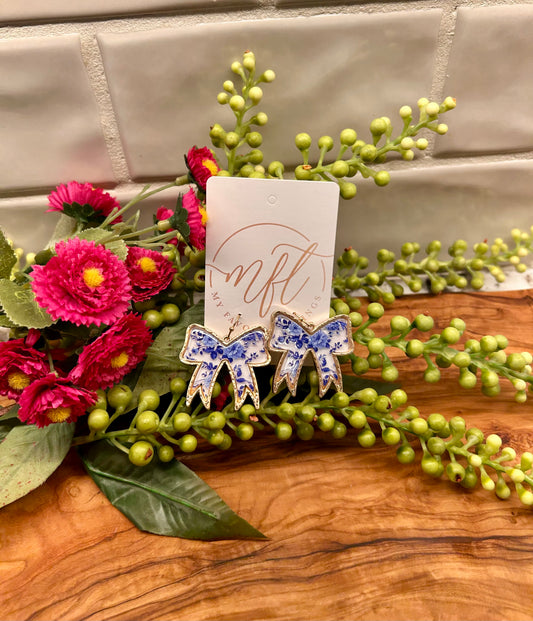 Blue & White Bow Dangle Earrings