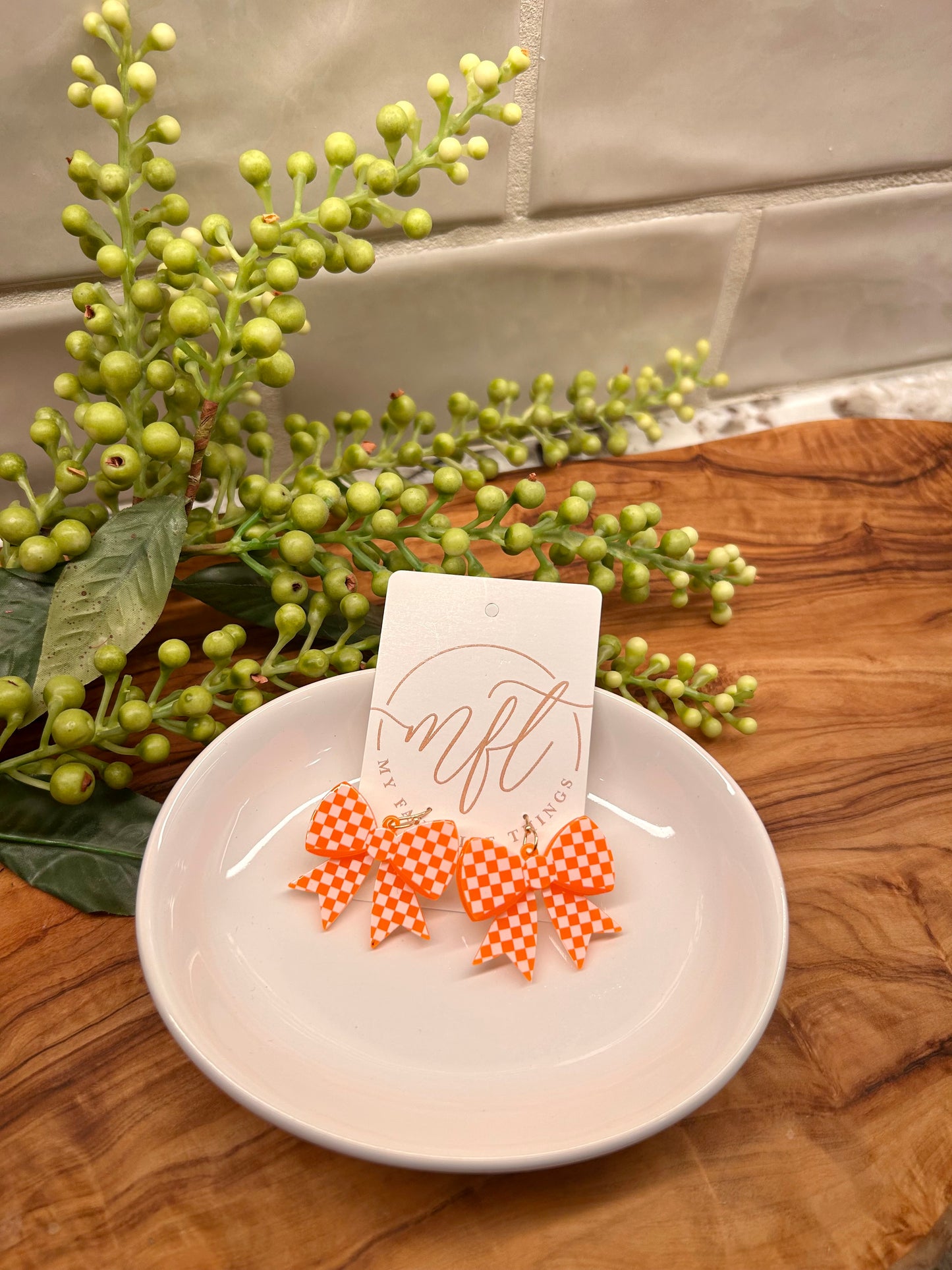 Orange and White Bow Dangle Earrings
