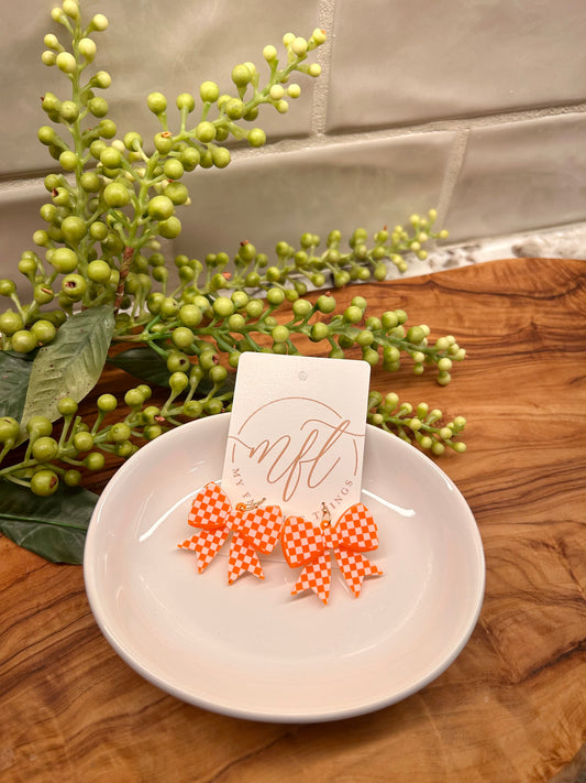 Orange & White Checkerboard Bow Earrings