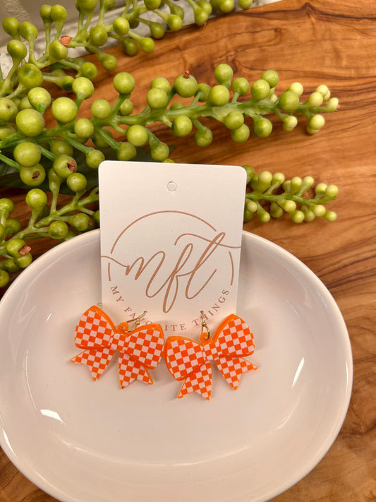 Orange & White Checkerboard Bow Earrings