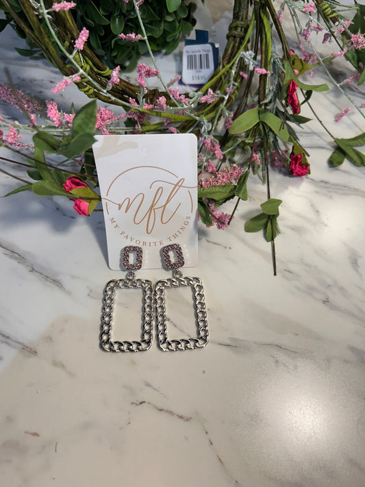 Open Rectangle Silver Drop Earrings