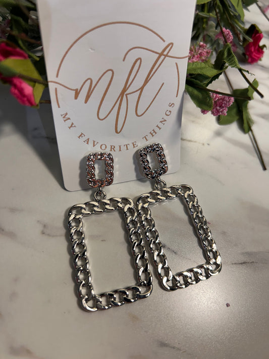 Open Rectangle Silver Drop Earrings
