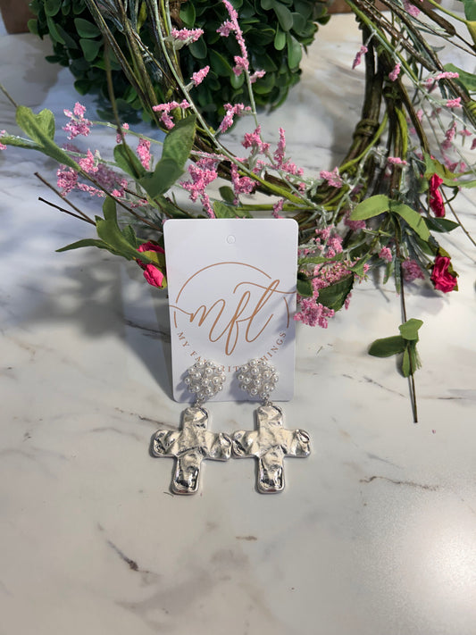 Silver Cross and Pearl Drop Earrings