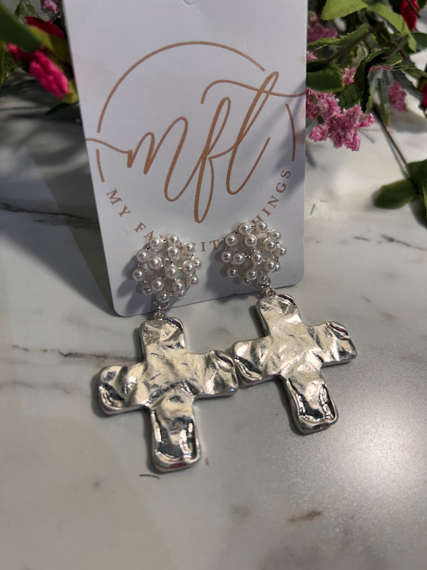 Silver Cross and Pearl Drop Earrings