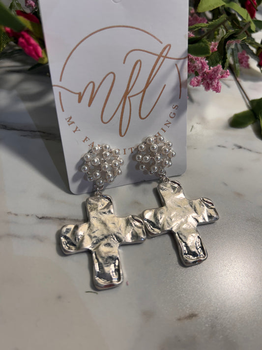 Silver Cross and Pearl Drop Earrings